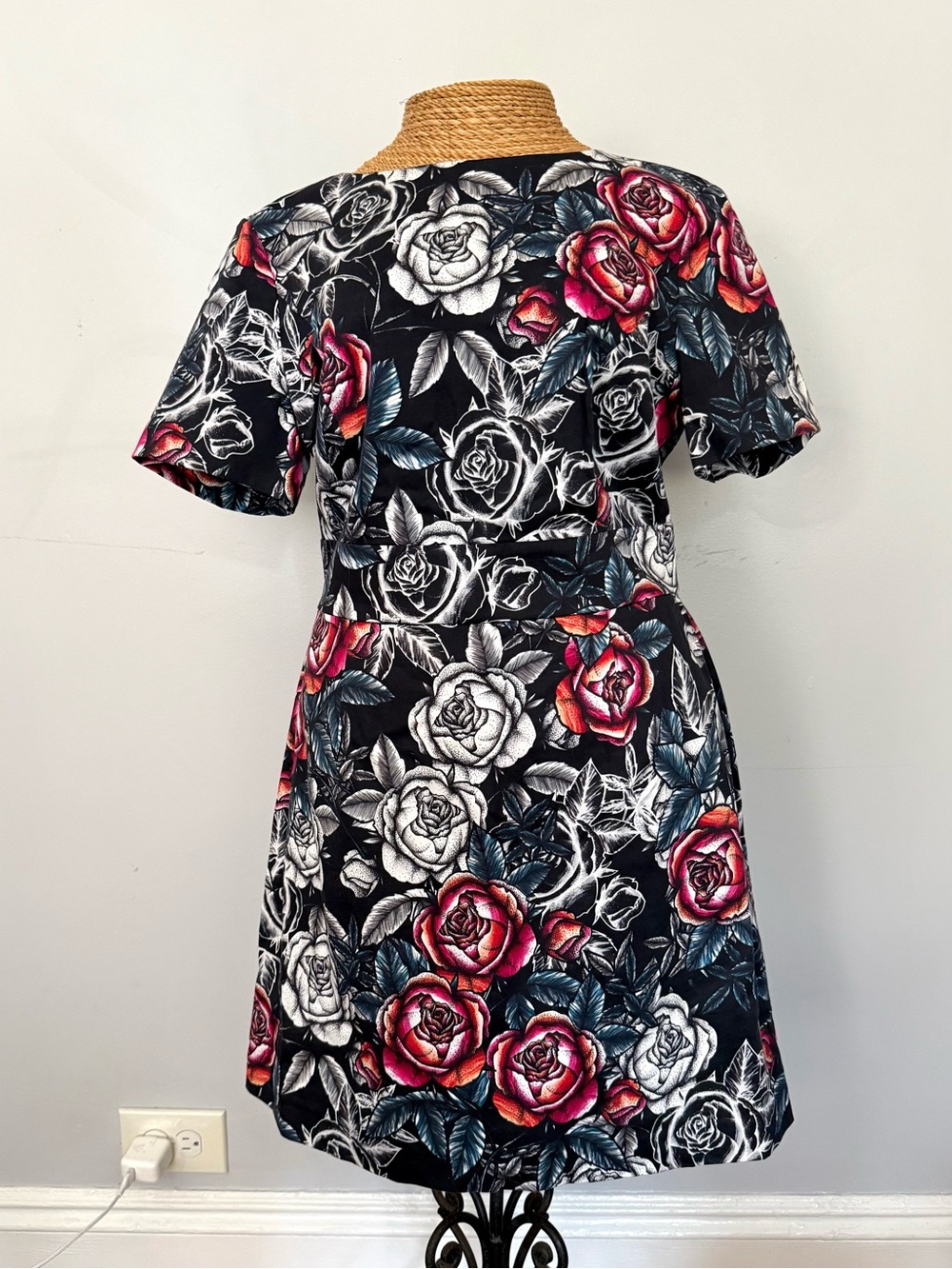 French Connection Black Mini Dress with Red and White Rose Print